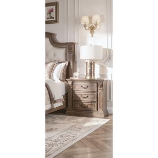 Sunvega Weathered Oak Solid Wood Nightstand with Carved Details and Reeded Posts