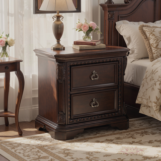 Sunvega Mahogany Finish 2 Drawer Nightstand with Ash Veneers and Custom Hardware