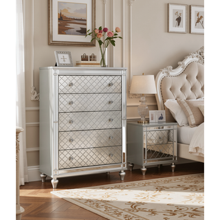 Sunvega Modern Luxury Nightstand with Silver Finish and Diamond Patterned Drawer Fronts