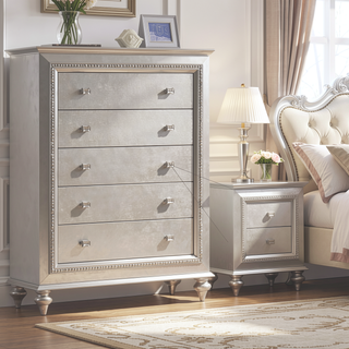 Sunvega Champagne Finish Nightstand with Crystal Accents and Felt-Lined Drawers