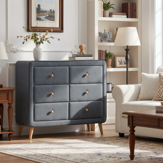 Sunvega Light Grey Upholstered Double Dresser with Six Drawers on Tapered Legs