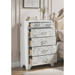 Sunvega Modern White Chest with Marble Accent Drawers and Silver Handles for Bedroom