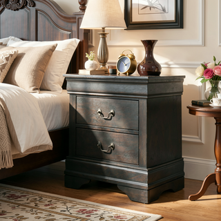 Sunvega Transitional Style Solid Wood Nightstand with Antique Brass Hanging Pulls