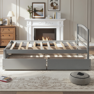 Sunvega Twin Wood Platform Storage Bed Frame with Two Drawers and Headboard