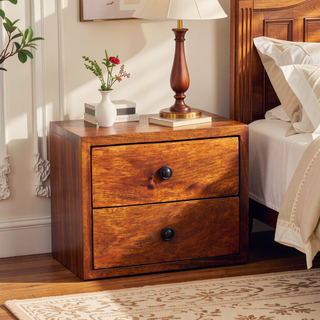 Sunvega Solis Collection Solid Mango Wood Wall Mounted Nightstand with Two Drawers