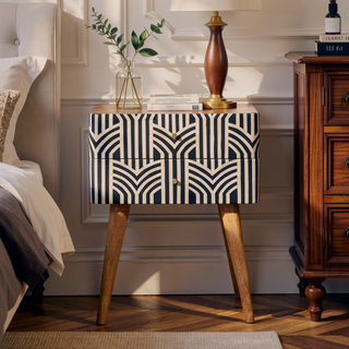 Sunvega Timeless Elegance Black and White Bone Inlay Bedside Table with Drawers