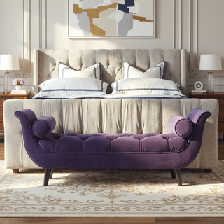 Sunvega Alma Tufted Purple Velvet Flared Arm Entryway Bench with Bolster Pillows