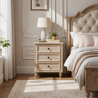 Sunvega Sand Finish Nightstand With 3 Storage Drawers And USB Charging Ports