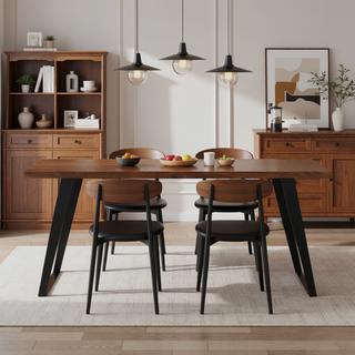 Sunvega Handcrafted Modern Industrial Walnut Veneer Dining Table for 6
