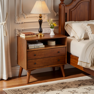 Sunvega Brown Transitional Wooden Nightstand with 2 Drawers and Open Compartment