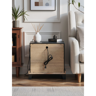Sunvega Modern Black Nightstand with Two Drawers and Built-In AC USB Outlets
