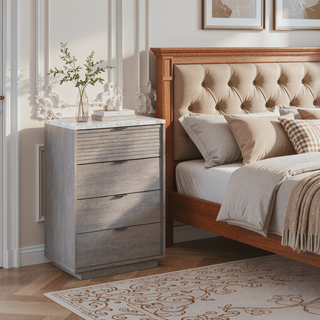 Sunvega Modern Gray 4-Drawer Chest with Faux Marble Top and Louvered Fronts