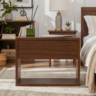 Sunvega Walnut Modern Minimalist Bedside Table Set with Storage Drawer