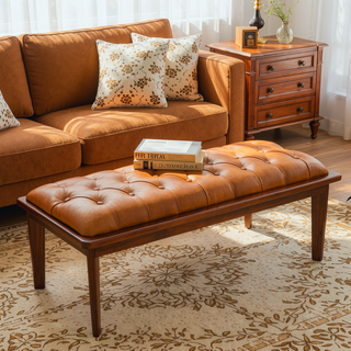 Sunvega Mid-Century Modern Tan Leather Upholstered Bench With Buttons