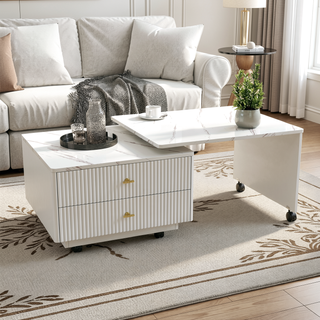 Sunvega Modern Swivel Square Coffee Table with Rotatable Top and Two Drawers