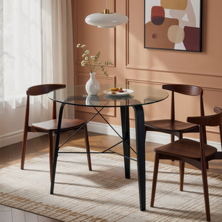 Sunvega Mid-Century Modern Round Dinette Table with Tempered Glass Top and Tripod Base