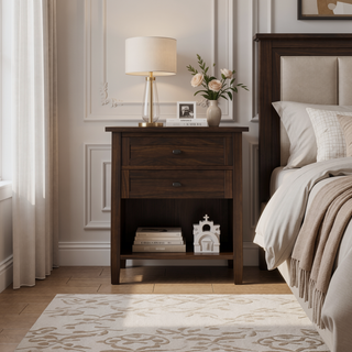 Sunvega Tobacco Brown Solid Pine Wood Nightstand with Two Drawers and Open Shelf