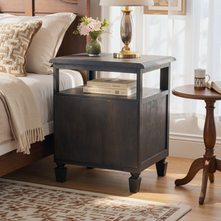 Sunvega Rustic Acacia Wood Nightstand with Cane Webbing and Storage Space