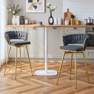 Sunvega 360 Swivel Bar Stools with Cotton Linen Cushions and Electroplated Metal Frame