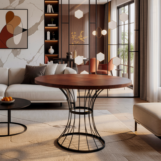 Sunvega 42 Inch Round Dining Table with Oak Veneer Top and Iron Base for Small Spaces