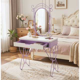 Sunvega Elegant Butterfly Design White PU Leather Finish Vanity Set with Stool