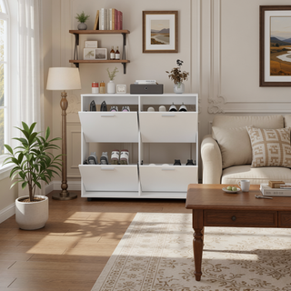 Sunvega Four-Door Shoe Cabinet with Multiple Shelves for Organized Storage White