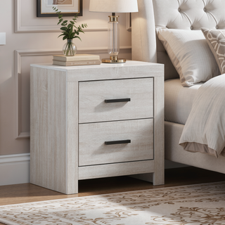 Sunvega Coastal White 2-Drawer Nightstand with Matte Bronze Handles for Bedroom