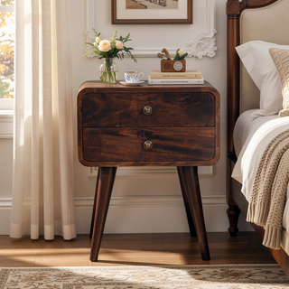 Sunvega Solid Mango Wood Nightstand with Two Drawers and Nordic Style Legs