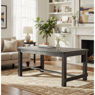 Sunvega Antique Black Finish Wood Dining Table with 6 Gray Faux Leather Chairs Set