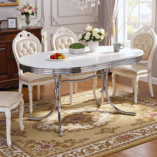 Sunvega White and Chrome Oval Dining Table with Sturdy Retro Base for Elegant Dining