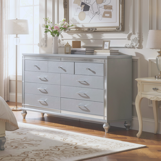 Sunvega Silver Mirror Framed 6-Drawer Dresser with Diamond Accent Handles