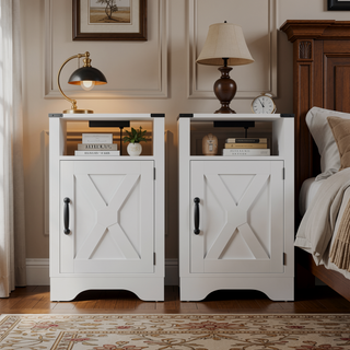 Sunvega White & Oak Farmhouse Nightstand with Electrical Outlets Charging Station and Storage