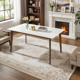 Sunvega Mid-Century Modern Solid Wood Dining Table with Brown Stain Finish