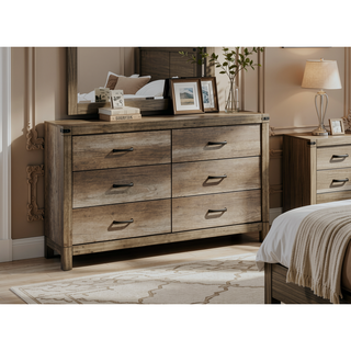 Sunvega Contemporary Rustic Six Drawer Dresser with Melamine Finish and Solid Metal Hardware