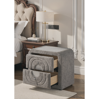 Sunvega White Teddy Sherpa Nightstand With Chrome Crystal Knob And Glass Top