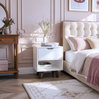 Sunvega Modern Nightstand with Open Shelf and Drawer on Wooden Legs for Bedroom