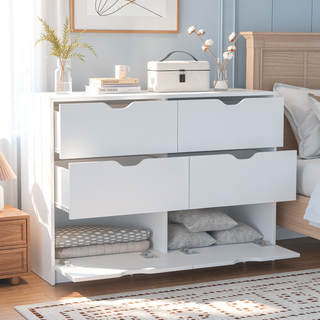 Sunvega White Dresser with Four Drawers and Two Cabinets for Bedroom Storage