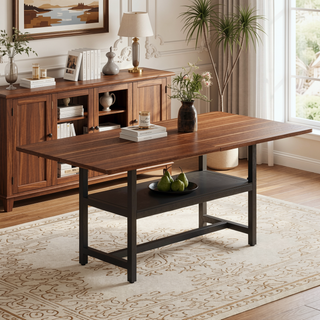 Sunvega Minimalist Dining Table with Walnut Textured MDF Top and Storage Shelf