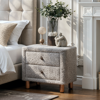 Sunvega Classic Gray Two Drawer Nightstand with Plush Boucle Upholstery and Wooden Legs