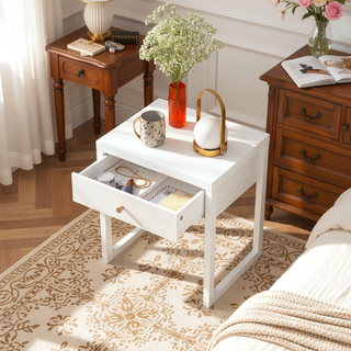 Sunvega Modern White Nightstand with Drawer and Wood Knob for Small Spaces
