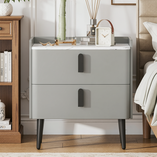 Sunvega Modern Nightstand with 2 Spacious Drawers and Marble-Pattern Tabletop