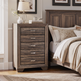 Sunvega Mid-Century Modern 5-Drawer Chest in Washed Taupe with Oak Grain and Metallic Pulls