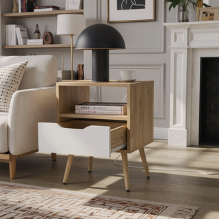 Sunvega Natural Oak and White Nightstand with Open Storage for Décor