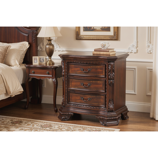 Sunvega Traditional Style 3-Drawer Wood Night Stand With Metal Pulls For Bedroom