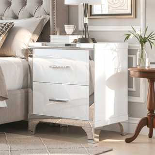 Sunvega High Gloss White Nightstand with 2 Drawers and Metal Handle for Bedroom