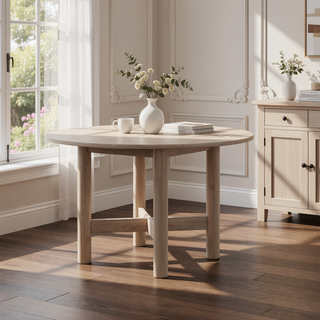Sunvega Light Brown Round Dining Table with Washed Oak Finish and Adjustable Levelers