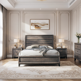 Sunvega Transitional Style Two-Tone Grey Oak 6-Drawer Dresser with Black Grooves
