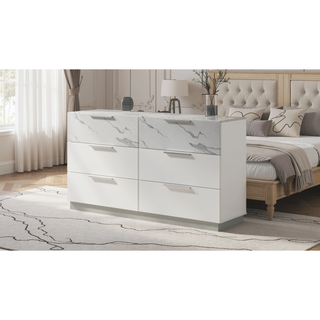 Sunvega White Lacquer Dresser with Six Smooth-Glide Drawers and Marble Accents