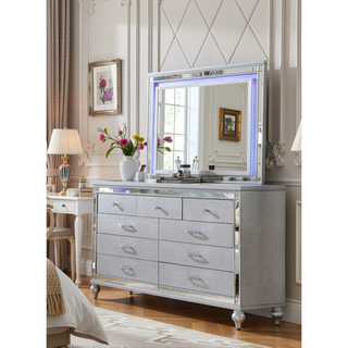 Sunvega Silver Mirror Framed 6-Drawer Dresser with Diamond Accent Handles