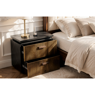 Sunvega Modern Mango Wood Nightstand with Brass Metal and Two Spacious Drawers
